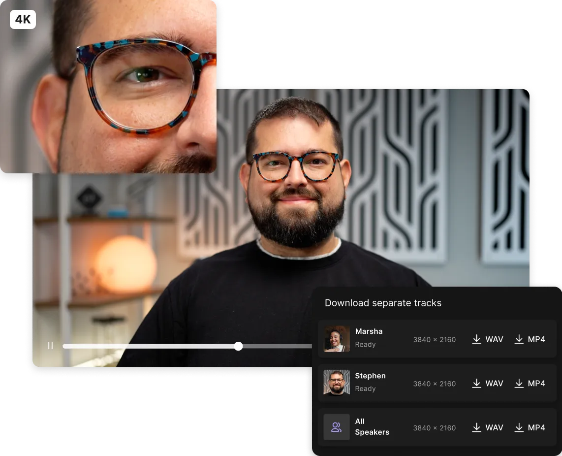 Video editing interface showing a bearded man with patterned glasses and options to download separate audio and video tracks labeled Marsha, Stephen, and All Speakers in 4K resolution.